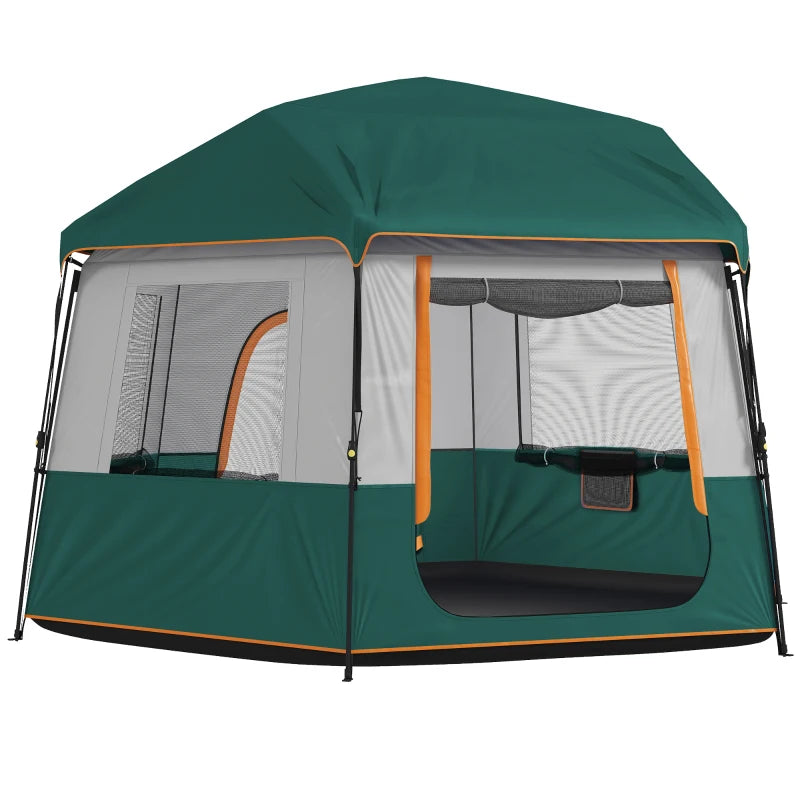 Green pop-up cabin camping tent with mesh windows and orange-trimmed doorway