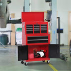Red and black rolling tool chest with open drawers and side cabinet doors on casters