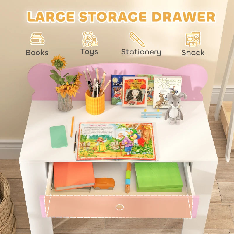 White kids desk with pink storage drawer and smooth tabletop, bear-shaped chair