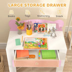 White kids desk with pink storage drawer and smooth tabletop, bear-shaped chair
