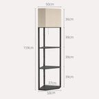 Tall corner floor lamp with black shelves and beige fabric shade, dimension view