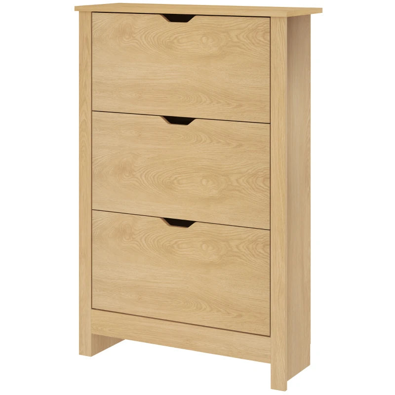 Natural wood slim shoe cabinet front view with three drawers and black drawer pulls