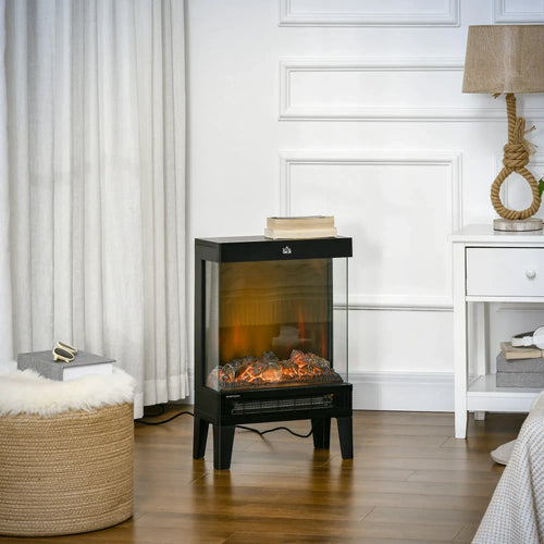 Black freestanding electric fireplace heater with clear glass front and LED flame logs