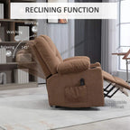 Brown lift recliner chair with extended footrest and padded armrests