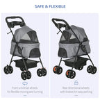 Grey dog stroller with rain cover and directional wheels with brakes, side view