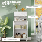 White storage cabinet with open countertop, drawer, and door cabinet with inner shelf