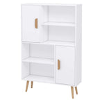 White free-standing bookcase cabinet with two doors, open shelves, and wooden legs