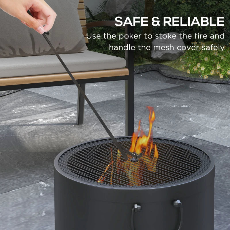 Dark grey fire pit with mesh spark screen and poker tool