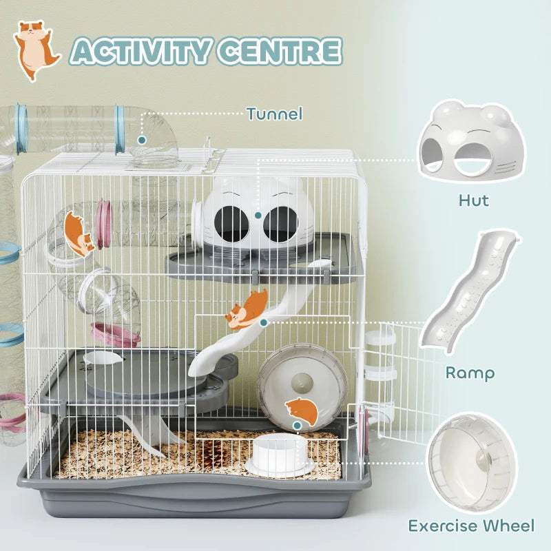 White wire hamster activity cage with tunnel, hut, ramp, and exercise wheel.