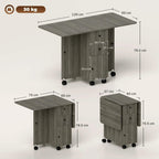Grey drop-leaf dining table dimensions view with storage panels and casters