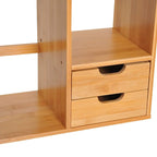 Close-up of bamboo desk organizer drawers with black pull handles