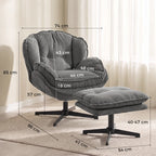 Grey swivel accent chair with adjustable footstool, thick cushion, black steel base