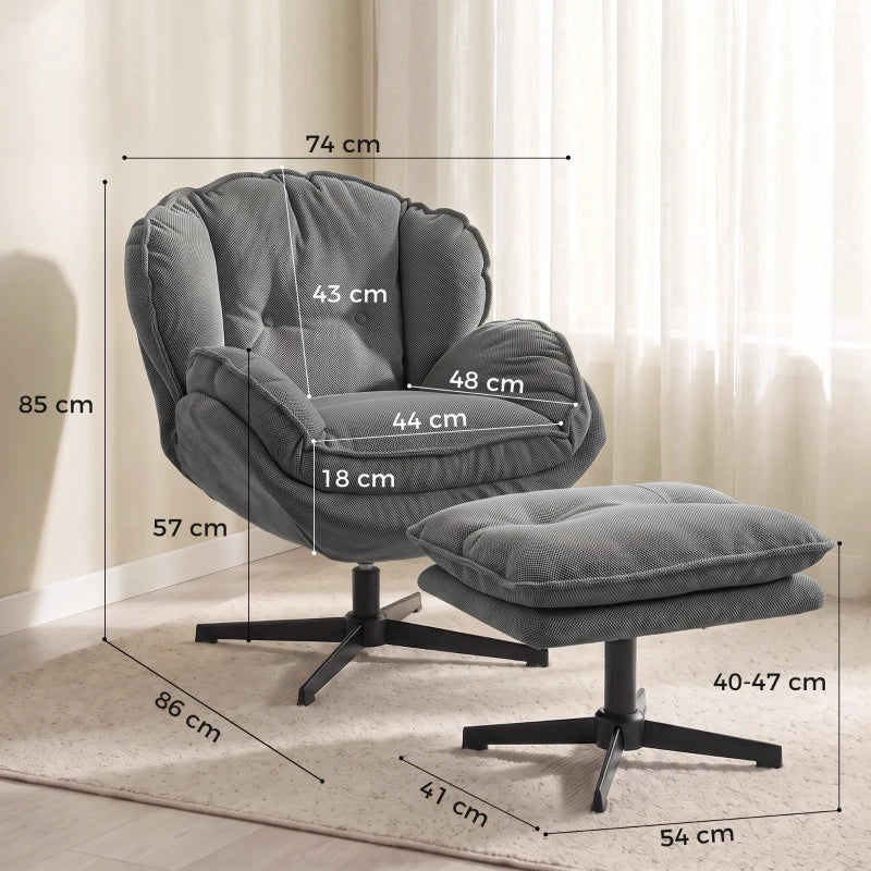 Grey swivel accent chair with adjustable footstool, thick cushion, black steel base
