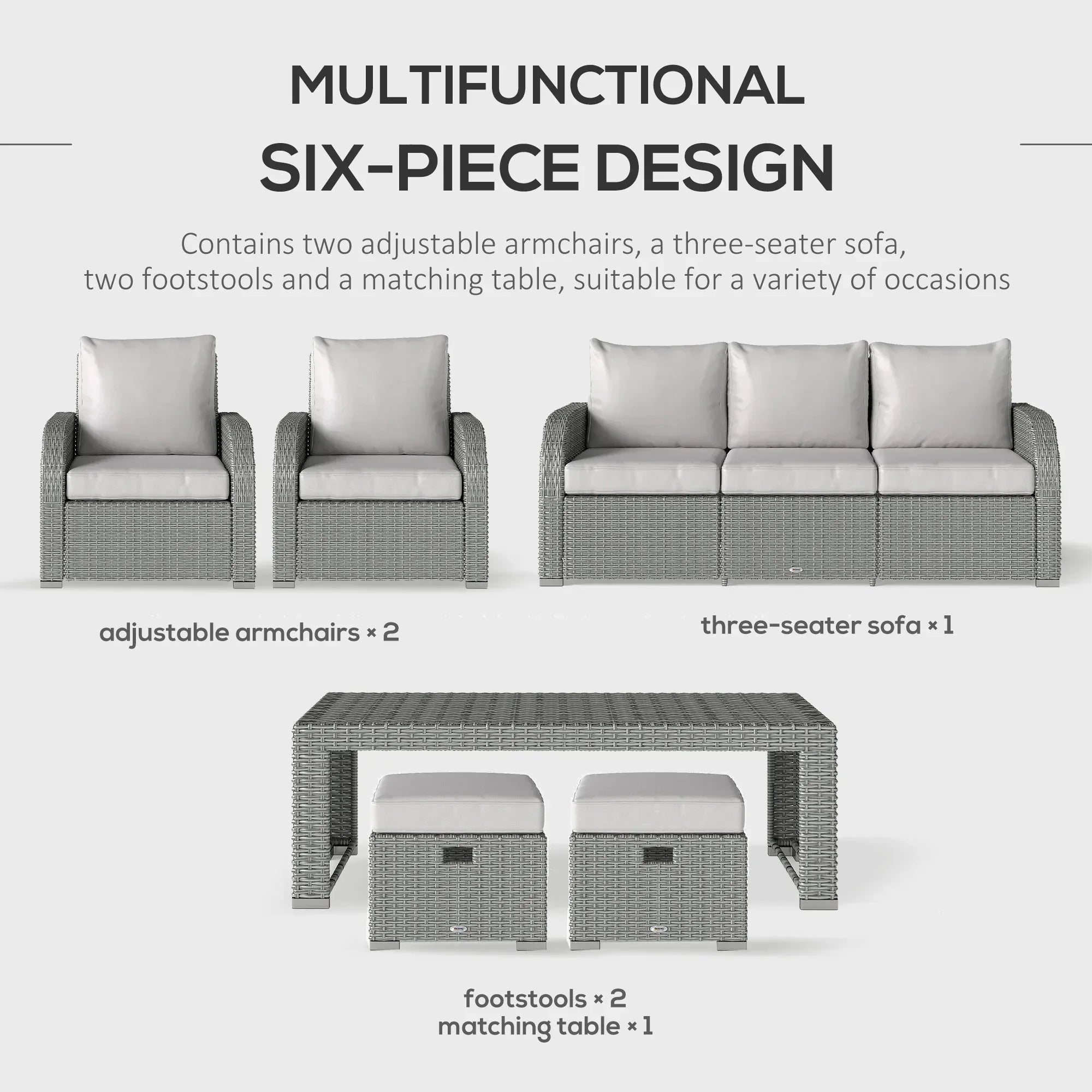 Six-piece Outdoor Rattan Dining Set, Outdoor Sofa Set with Reclining Armchairs and Mental Frame, Grey - Bobobiy