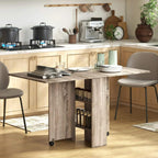 Grey folding dining table with two-tier shelves and rolling casters in kitchen