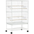 White large bird cage with rolling stand, slide-out tray, and storage shelf