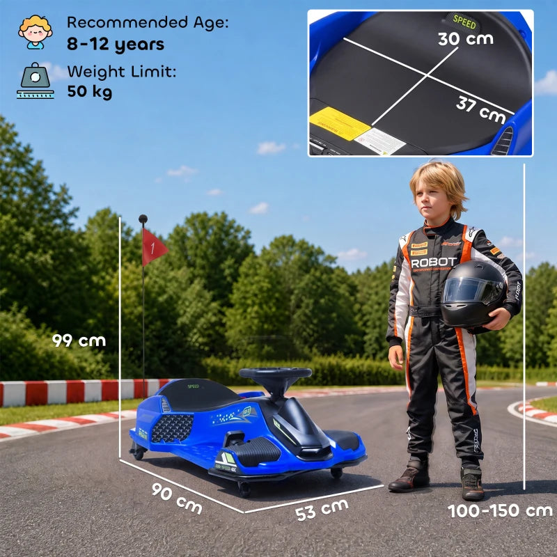 Blue electric drift go-kart with black seat and LED lights, with standing child