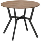 Round brown tabletop dining table with black cross-brace legs
