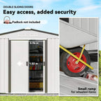 Silver metal shed with double sliding doors and access for small ramped items