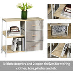 Storage dresser cabinet with grey fabric drawers and open shelves, light wood top