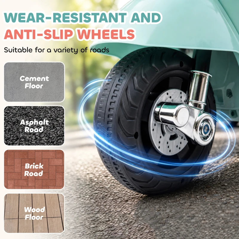 Green kids ride-on motorbike front wheel with anti-slip tire and chrome fork