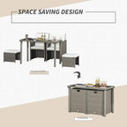 Grey wicker patio dining set with foldable table, two armchairs, and two ottomans