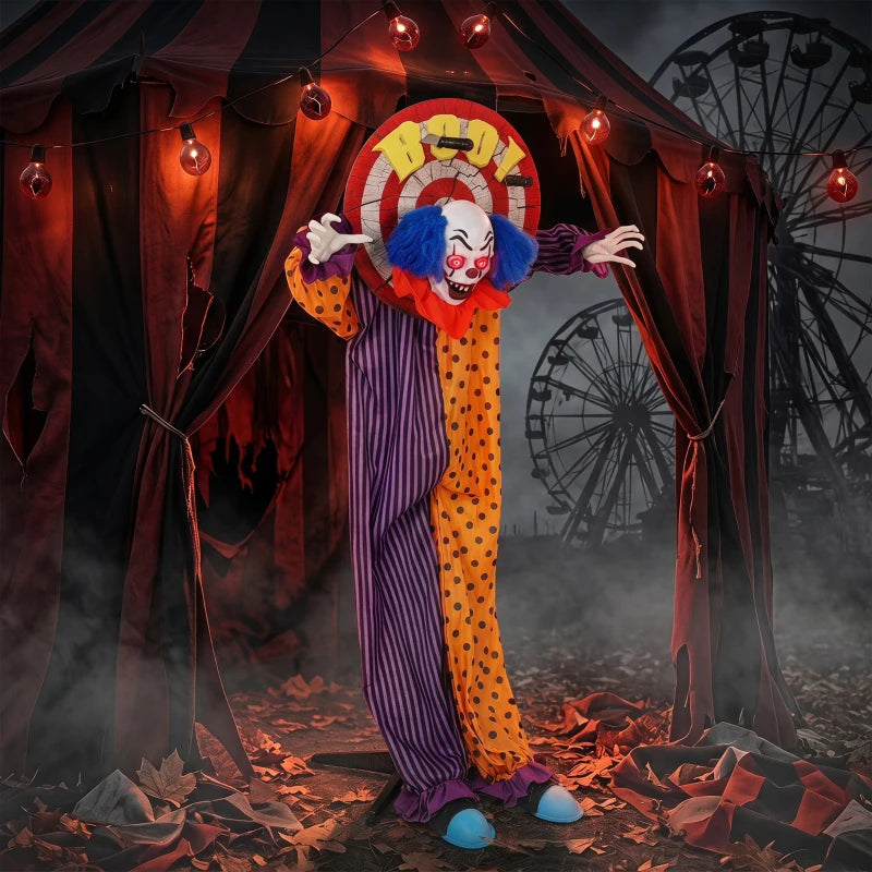 Animated clown decoration in orange polka-dot and purple striped jumpsuit with blue wig