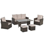 Mixed brown rattan patio sofa set with glass-top table, two chairs, and ottomans