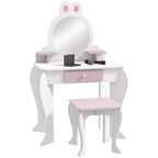 Kids white vanity table set with bunny mirror, pink drawer, and matching stool