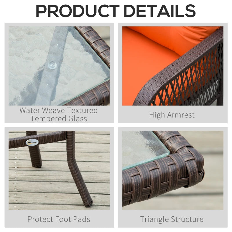 Rattan bistro set features collage: glass top, armrest, foot pads, and frame