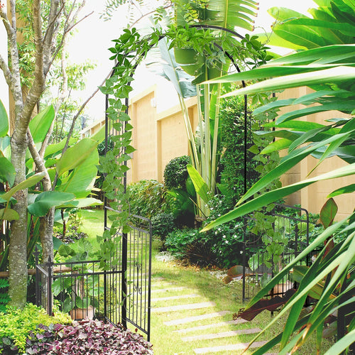 Black metal garden arbor frame with double doors in a landscaped yard, viewed outdoors