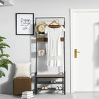 Metal coat rack with removable hooks and shoe bench shelves holding small shoes