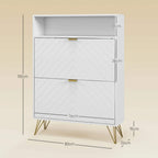 White shoe storage cabinet dimensions view, chevron doors, open shelf, gold hairpin legs