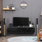 Wall-mounted glossy black TV cabinet with central electronics shelf and base storage