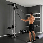 Wall-mounted cable crossover machine with rope attachment and dual pulley cables