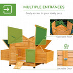 Wooden chicken coop with multiple access openings, openable roof, and lockable door