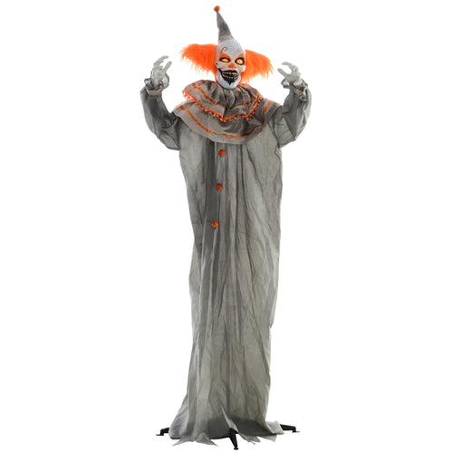 Skull-faced clown animatronic in long gray robe with orange mane, glowing eyes