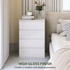 White high-gloss 4-drawer dresser with sleek smooth drawer fronts and glossy finish.