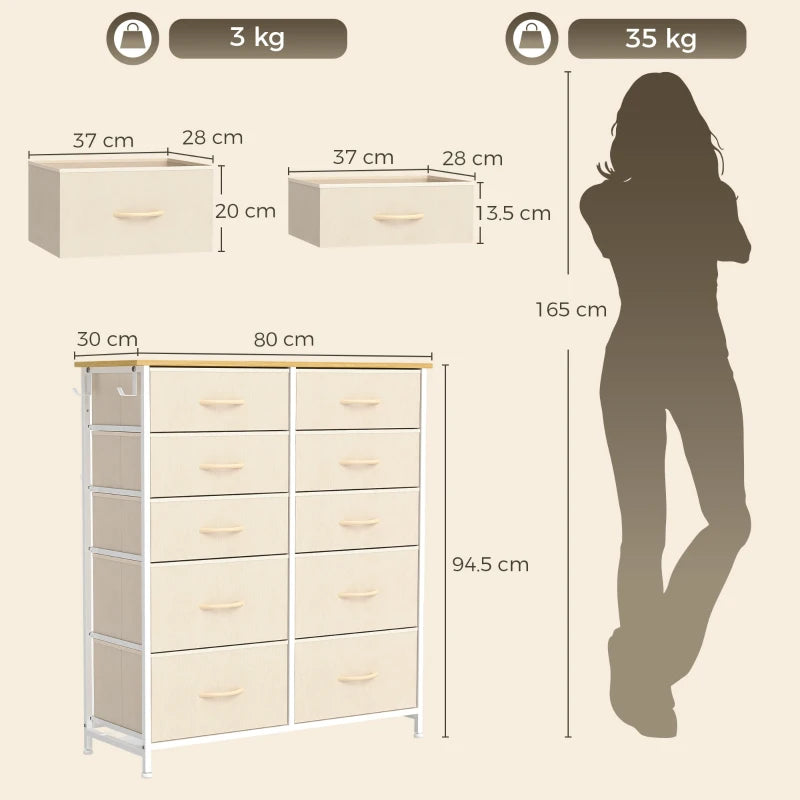 Beige fabric drawer dresser with steel frame, shown with size and weight layout