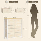 Beige fabric drawer dresser with steel frame, shown with size and weight layout