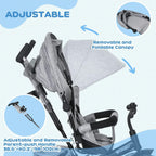 Grey kids trike with foldable canopy, padded seat, adjustable parent handle