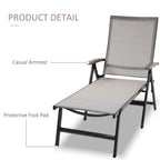 Folding sun lounger with side armrest and protective foot pads on black metal frame