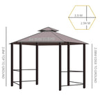 Brown hexagon gazebo frame with side panels and two-tier roof, measured edges