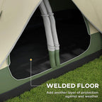 Camping tent welded floor base with center poles and dark green skirt, beige roof