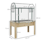 Wooden raised garden bed with clear greenhouse cover and size dimensions