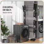 Black folding clothes drying rack with stacked bars for compact storage