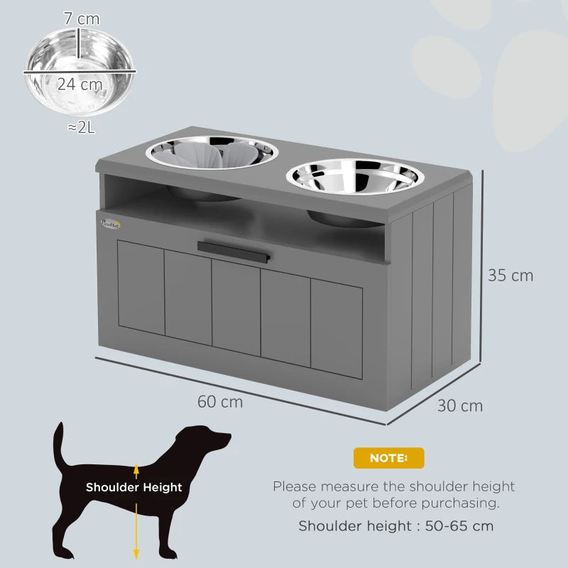 Grey raised dual dog bowl stand with two stainless bowls and drawer front