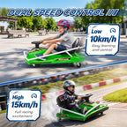 Green dual-speed electric go-kart with black seat and handlebars
