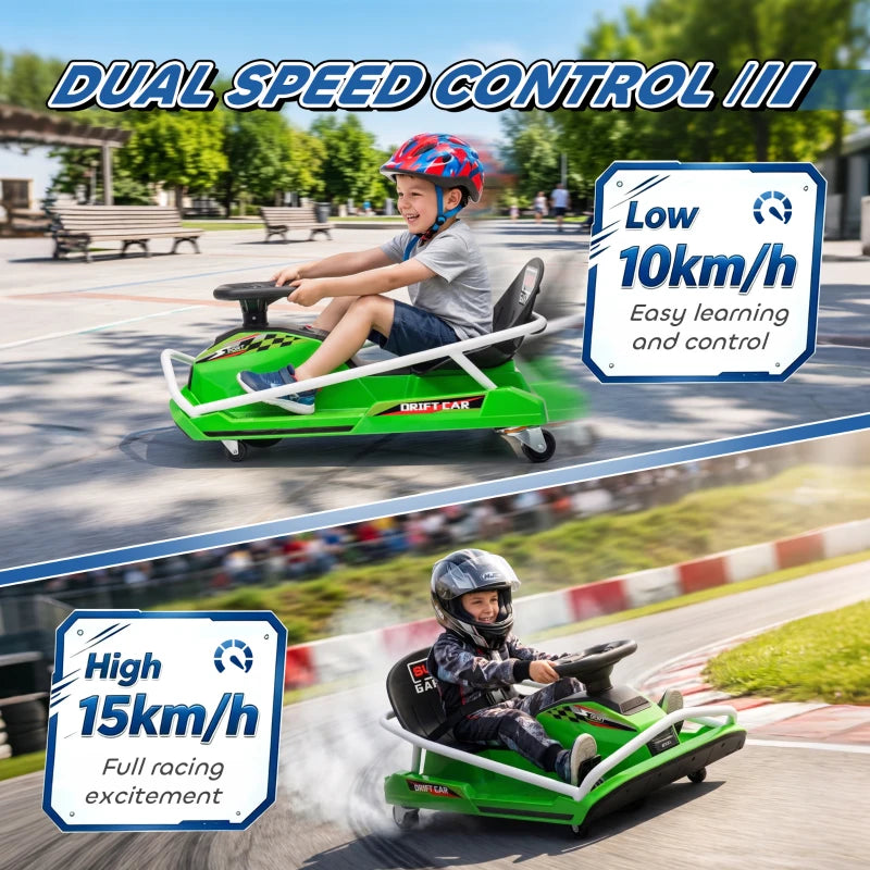 Green dual-speed electric go-kart with black seat and handlebars