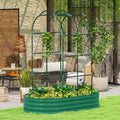 Green galvanized raised garden bed with arched trellis, outdoor patio with potted greenery